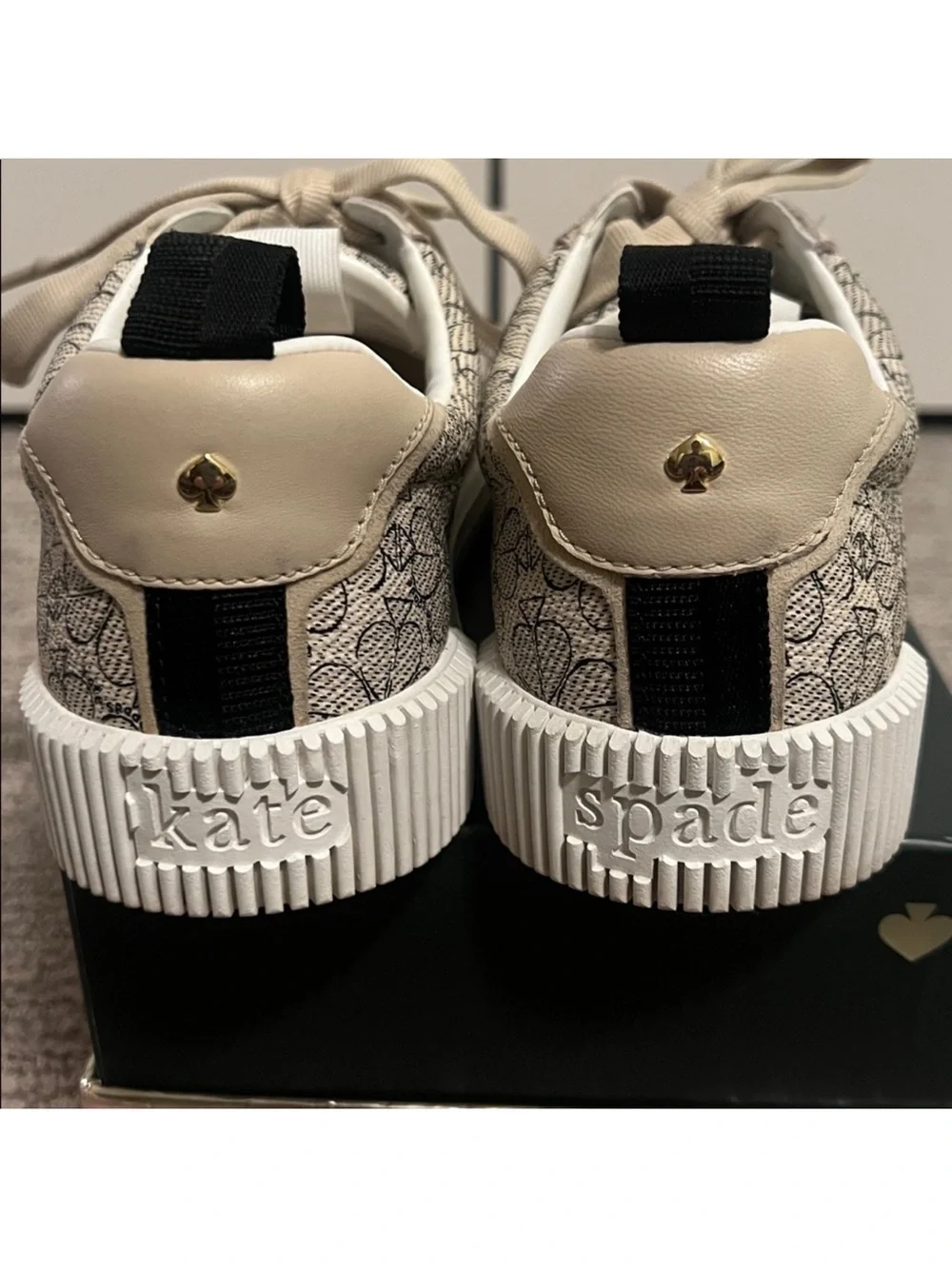 Kate Spade Cream and Black Spade Flower Lace-Up Sneakers - Size 7.5